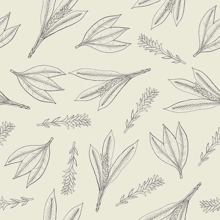 Botanical seamless pattern with turmeric leaves and inflorescences. Herbaceous plant hand drawn with contour lines on light background. Monochrome vector illustration for textile print, wallpaper.のイラスト素材