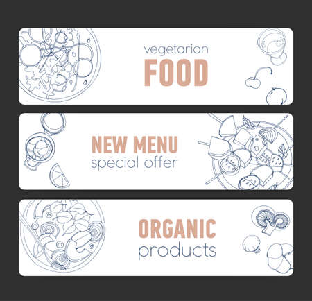 Collection of horizontal banner templates with organic vegetarian dishes hand drawn with contour lines on white background. Monochrome vector illustration for veggie restaurant advertisement.のイラスト素材