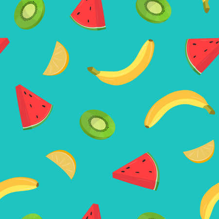 Beautiful seamless pattern with bananas and pieces of orange, kiwi, watermelon on blue background. Backdrop with juicy tropical fruits. Colored vector illustration for wrapping paper, fabric printのイラスト素材