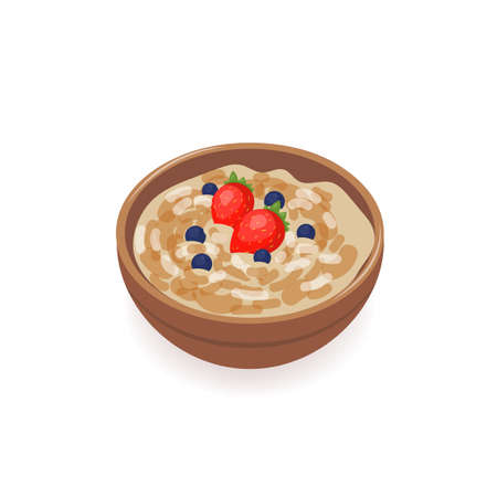 Bowl of delicious oat porridge decorated with fresh strawberries and blueberries isolated on white background. Tasty homemade cereal dish, healthy breakfast meal, morning food.のイラスト素材