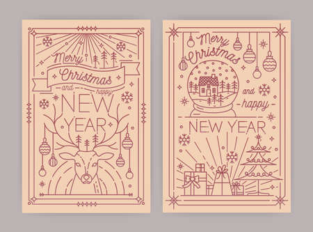 Merry Christmas and Happy New Year greeting card templates with festive decorations and holiday attributes drawn in line art style - deer, snowflakes, decorated spruce, gifts. Vector illustration.のイラスト素材