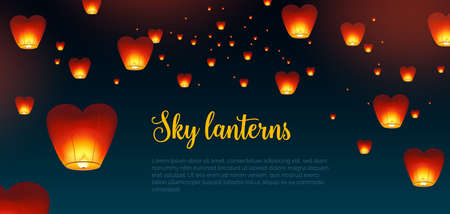Beautiful horizontal background with Kongming Chinese lanterns and place for text. Backdrop with traditional asian festival airborne decorations in dark night sky. Colorful vector illustration.のイラスト素材