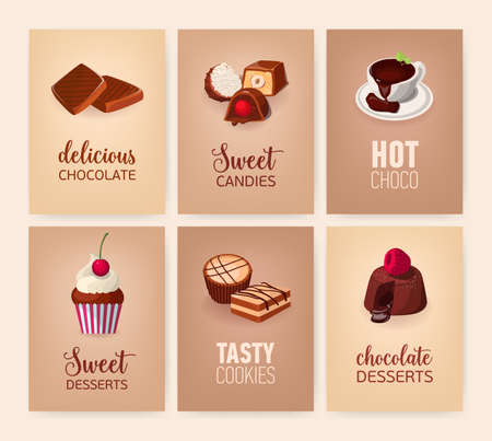 Collection of colorful banners with delicious desserts or tasty sweet courses and beverages.のイラスト素材