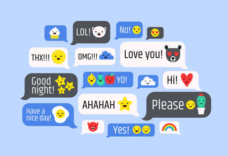 Cloud of messages with cute emoji. Speech bubbles with text and smileys. Ideograms or funny symbols to express different emotions in electronic chatting or messaging.のイラスト素材