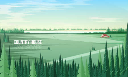 Gorgeous rural landscape with green coniferous forest trees on foreground and farm building or country house standing in middle of large field and clear sky on background.のイラスト素材