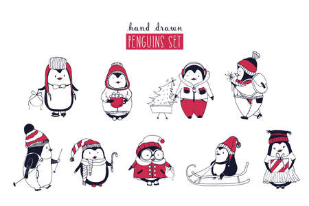 Collection of cute penguins wearing different winter clothing and hats isolated on white background. Set of cartoon arctic animals riding on sled, skiing, holding Christmas gifts. Vector illustration.のイラスト素材