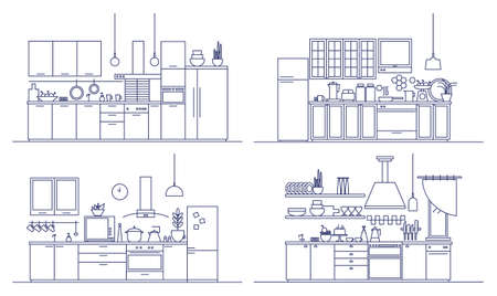Set of kitchens furnished with modern furniture, household appliances, cooking facilities and home decorations. Bundle of comfy interiors drawn in line art style. Monochrome vector illustration.のイラスト素材