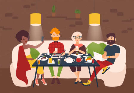 People dressed in stylish clothing sitting at restaurant table and staring at screens of their laptop and smartphones. Concept of addiction to electronic devices and gadgets. Vector illustration.のイラスト素材