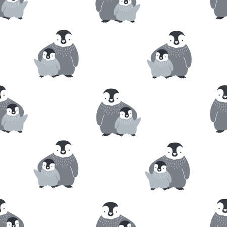 Cute pair of embracing mother and baby penguins, pattern cartoon style clip-art design illustration.のイラスト素材
