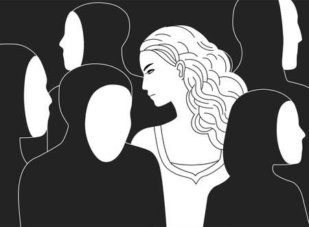 Beautiful sad long-haired woman surrounded by black silhouettes of people without faces. Concept of loneliness in crowd, alienation, estrangement, indifference. Monochrome vector illustration.のイラスト素材