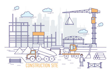 Construction site or area with constructed building, crane, excavator, dump truck, engineer wearing hard hat against silhouettes of skyscrapers on background. Vector illustration in line art style.のイラスト素材