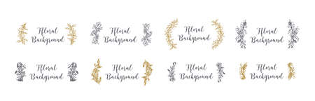 Collection of decorative floral backgrounds hand drawn with contour lines. Set of natural woven decorations made of coniferous tree branches, leaves, flowers and berries. Vector illustration.のイラスト素材