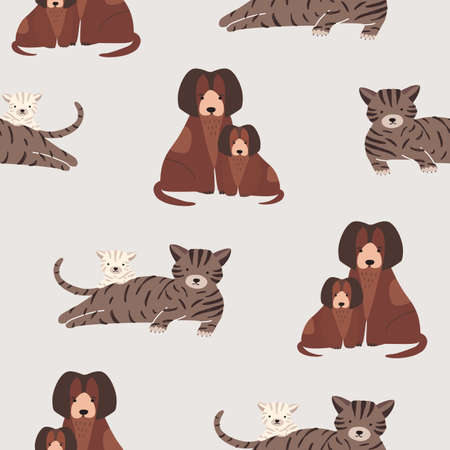 Seamless pattern with cat and kitten, dog and puppy. Backdrop with mother and baby pet animals. Cute cartoon characters on gray background. Vector illustration for textile print, wrapping paper.のイラスト素材