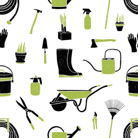 Seamless pattern with black and green gardening tools on white background. Backdrop with equipment for crops cultivation, agricultural work and growing plants. Vector illustration for wallpaper.の写真素材