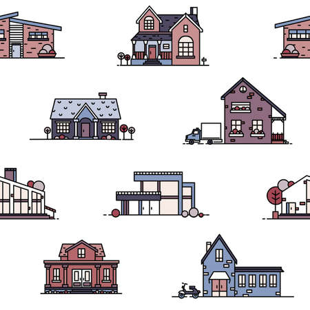 Seamless pattern with suburban houses on white background. Backdrop with living or residential buildings of various architecture. Vector illustration in line art style for wallpaper, textile print.のイラスト素材