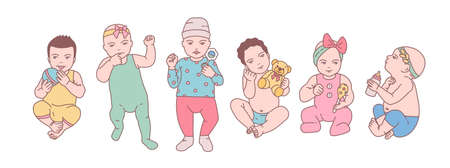 Bundle of cute newborn babies or small children dressed in various clothes and holding toys and rattles. Set of toddlers in different poses drawn in line art style. Colorful vector illustration.のイラスト素材