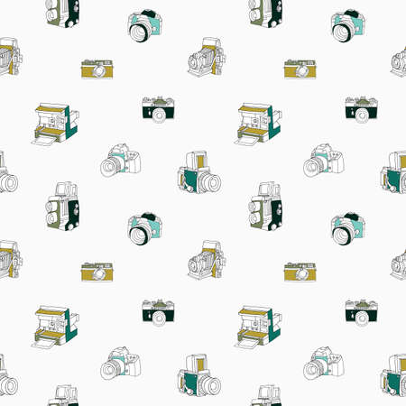 Trendy seamless pattern with hand drawn half colored vintage and modern photo cameras on white background. Vector illustration in doodle style for wallpaper, wrapping paper, textile print, backdrop.のイラスト素材