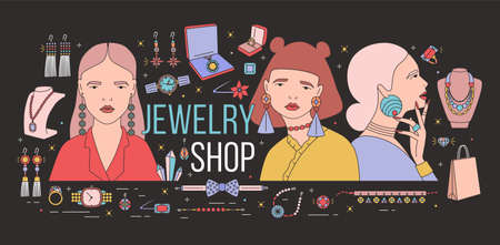Horizontal banner with young elegant ladies wearing stylish massive earrings surrounded by...