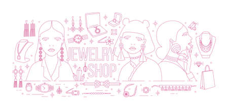 Horizontal banner with fashionable women wearing trendy earrings surrounded by luxury jewelry drawn with pink contour lines on white background.のイラスト素材
