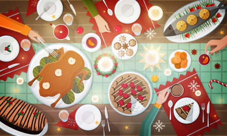 Christmas festive dinner, top view illustration.のイラスト素材