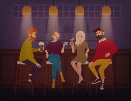 Cheerful friends spending time at pub, flat colorful illustration.のイラスト素材