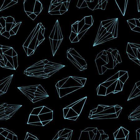 Seamless pattern with gemstones, valuable crystals or precious stones hand drawn with blue contour lines on black background. Vector illustration for wallpaper, backdrop, fabric print, wrapping paper.の写真素材
