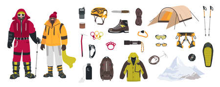 Bundle of mountaineering and touristic equipment isolated on white background.のイラスト素材
