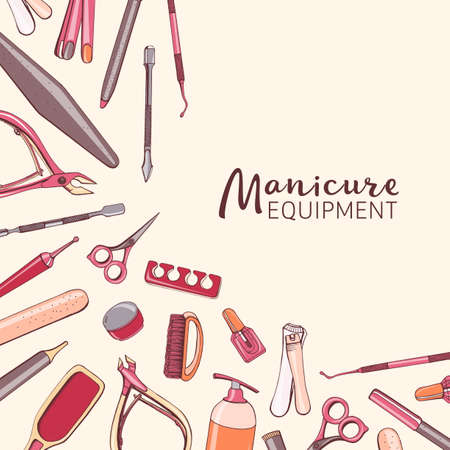 Square background with hand drawn manicure equipment.のイラスト素材