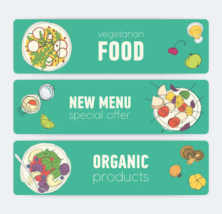 Set of bright colored horizontal banner templates with vegan products and meals lying on plates hand drawn on green background. Special offers and deals. Vector illustration for veggie restaurant ad.のイラスト素材