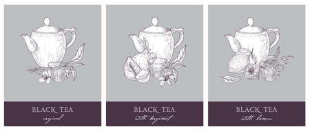 Collection of beautiful labels with teapot, cup, black tea leaves, flowers, bergamot and lemon. Hand drawn set of tasty naturally flavored drinks. Detailed vector illustration in vintage style.のイラスト素材