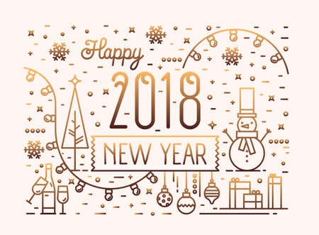 Happy New Year horizontal banner, greeting card or postcard template with festive decorations, gifts and garlands drawn with gradient colored lines. Holiday vector illustration in lineart style.のイラスト素材
