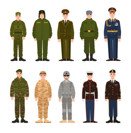 Collection of Russian and American military people or personnel dressed in various uniform. Bundle of soldiers of Russia and USA. Set of flat cartoon characters. Modern colorful vector illustration.のイラスト素材