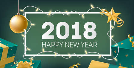 Happy New Year elegant horizontal banner template with frame decorated by light garland, golden bauble, star, ribbons and holiday gifts on green background. Colorful festive vector illustration.のイラスト素材