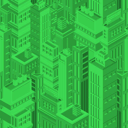 Green futuristic seamless pattern with isometric urban buildings and skyscrapers of modern megalopolis. Background with metropolitan city houses. Matrix backdrop. Vector illustration for wallpaper.のイラスト素材