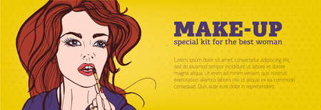 Bright colored horizontal banner with woman applying makeup on her face hand drawn in pop art style and place for text. Vector illustration for cosmetics advertisement or make-up artist service promoのイラスト素材