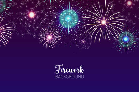 Beautiful background with spectacular fireworks bursting in dark night sky. Backdrop with festive colorful flashing lights. Holiday event celebration, pyrotechnics show. Vector illustration.のイラスト素材