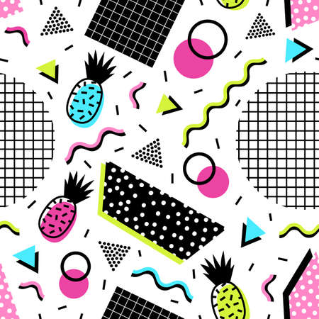 Seamless pattern with exotic pineapple fruits, geometric shapes and wavy lines of acid colors on...