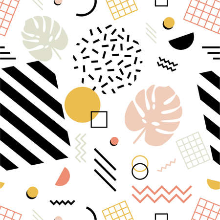 Seamless pattern with exotic monstera leaves, geometric shapes of various texture and zigzag lines...