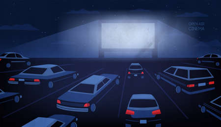 Open air, outdoor or drive-in cinema theater at night. Large movie screen glowing in darkness surrounded by cars against evening sky with stars and clouds on background.のイラスト素材