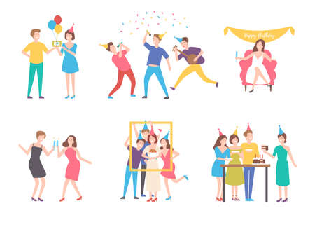Collection of people celebrating birthday - eating cake, making group photo, singing, drinking cocktails. Flat cartoon characters isolated on white background. Colorful vector illustration.のイラスト素材