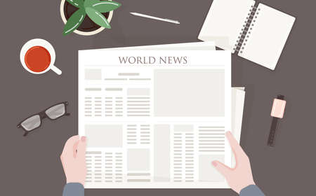 Person reading periodical or printing press with world, global or international news.のイラスト素材