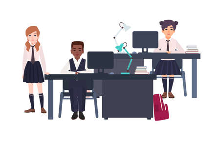 Children dressed in school uniform sitting at desks with computersのイラスト素材