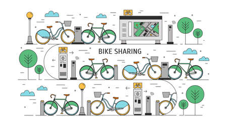 Bicycles available for rent parked at docking stations on city street, payment terminals, map stand and trees.のイラスト素材
