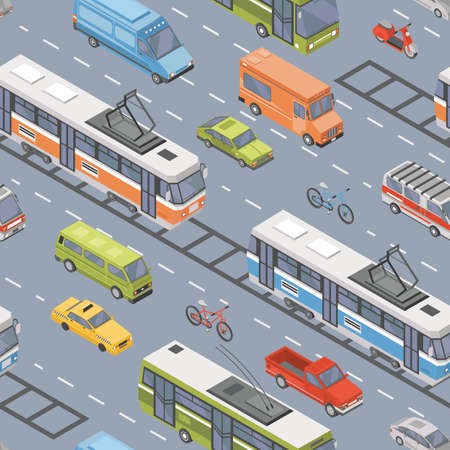 Motor vehicles of various types driving on road - car, scooter, bus, tram, trolleybus, minivan, pickup truck. Automobile transport on city street. Colorful isometric seamless pattern.のイラスト素材