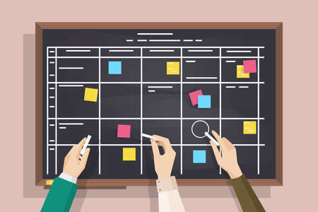 Blackboard with table drawn on it, sticky notes and hands holding pieces of chalk. Board for effective daily planning, scheduling, timetable, to-do list. Colorful vector illustrationのイラスト素材