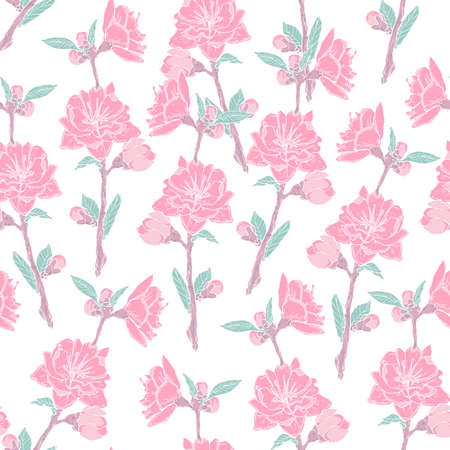 Gorgeous seamless pattern with blooming pink rose on white background. Backdrop with beautiful tender flowers. Colored vector illustration in antique style for wrapping paper, wallpaper, fabric printのイラスト素材
