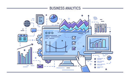 Finger pointing at computer display with different diagrams, charts and graphs. Concept of statistical data analysis, financial statistics and analytics. Modern vector illustration in line art style.のイラスト素材