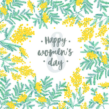 Happy Women's Day festive wish against figure eight on background surrounded by beautiful blooming yellow mimosa flowers and green leaves elegant vector illustration for March 8 greeting card.のイラスト素材