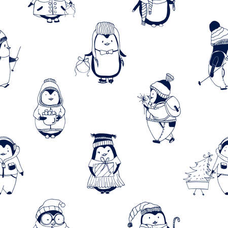 Childish seamless pattern with cute little baby penguins dressed in winter outerwear. Backdrop with funny cartoon polar birds hand drawn with contour lines on white background. Vector illustration.のイラスト素材