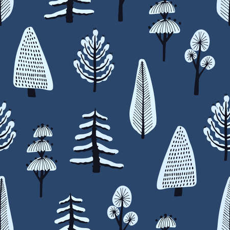 Seamless pattern with various hand drawn winter trees covered by snow on blue background. Backdrop with cartoon snowy forest. Modern vector illustration for wallpaper, wrapping paper, textile printのイラスト素材